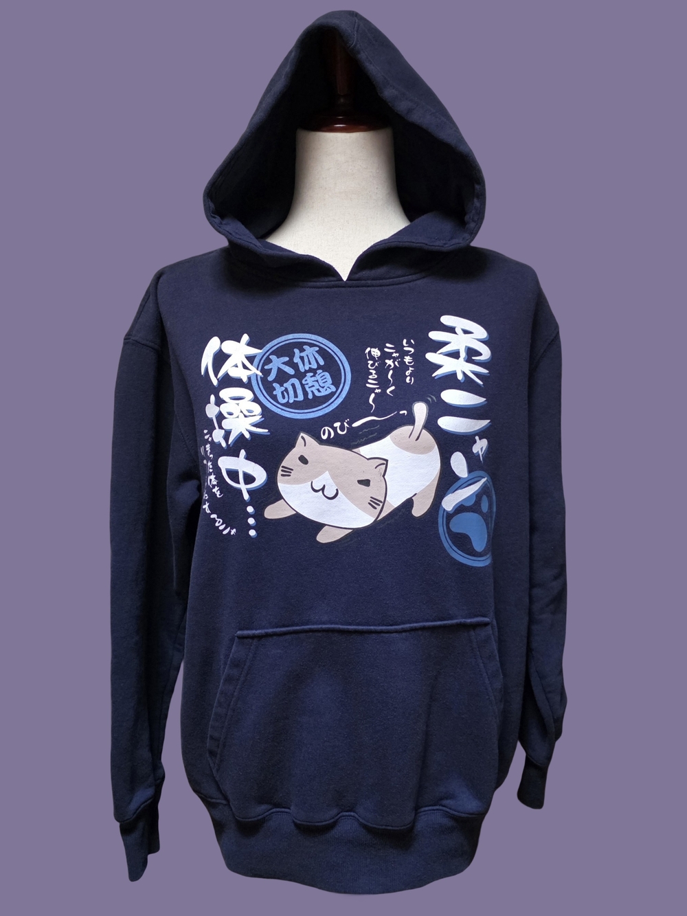 Rare Oblo Design Japanese Kawaii Chibi Cat Graphic Navy Hoodie